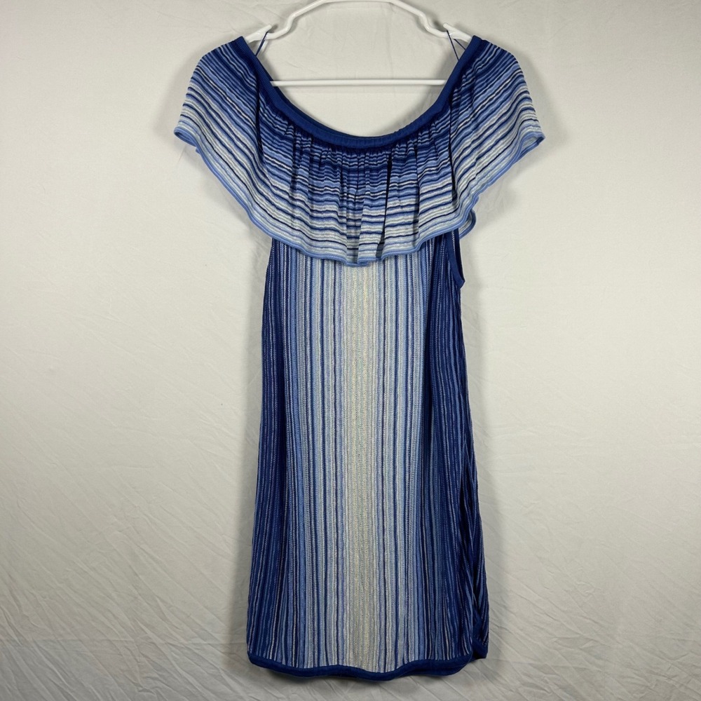 White House Black Market Knit Dress Womens Large Striped Ruffle Off Shoulder - Picture 1 of 3